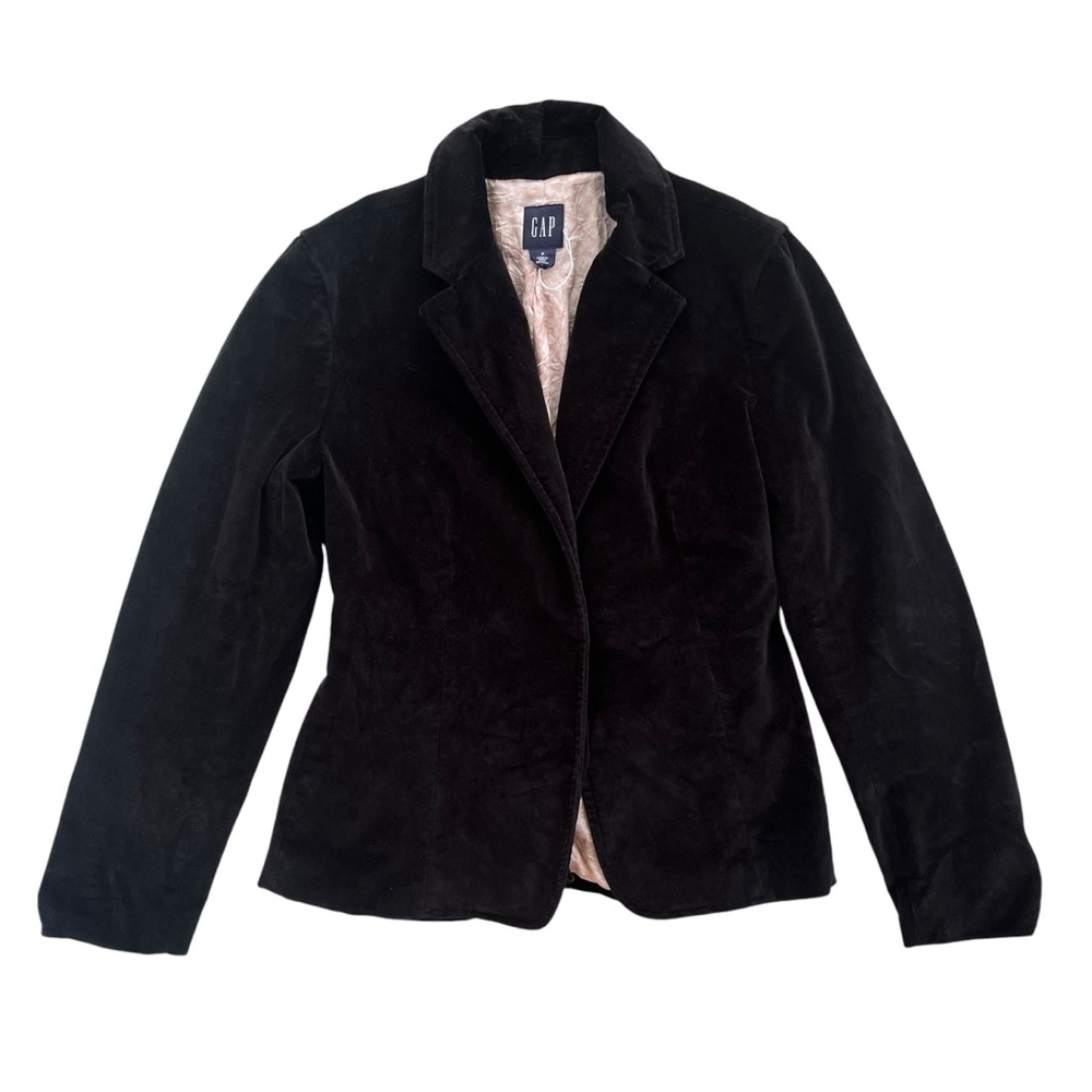 Gap Women’s Size 2 Black Velvet Satin Belted Tie Pink Floral Lined Cotton Blazer